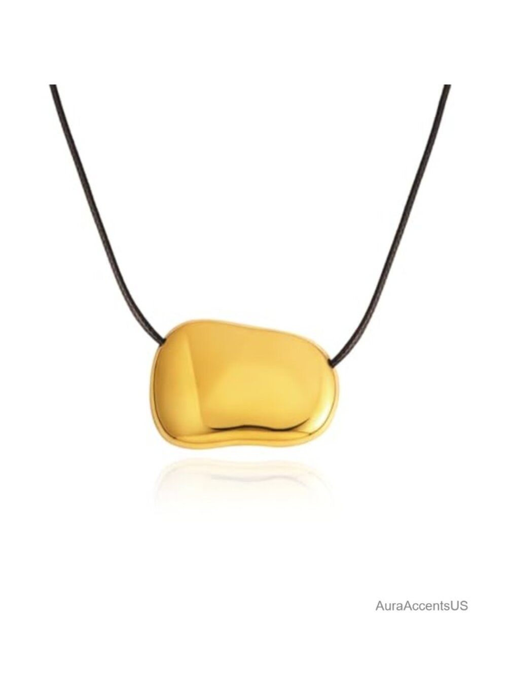 14K Gold Plated Chunky Bean Pendant Necklace Black Leather Cord